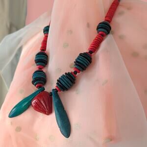 Vintage Tropical Carved Wood Fruit Island Necklace